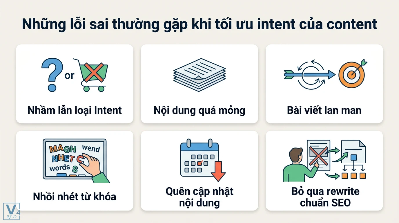 Intent của content là gì? 5 bước xác định và tối ưu Search Intent 3 Lỗi tối ưu intent content gồm nhầm lẫn loại ý định, nội dung mỏng, lan man, nhồi nhét từ khóa, quên cập nhật và bỏ qua rewrite chuẩn SEO