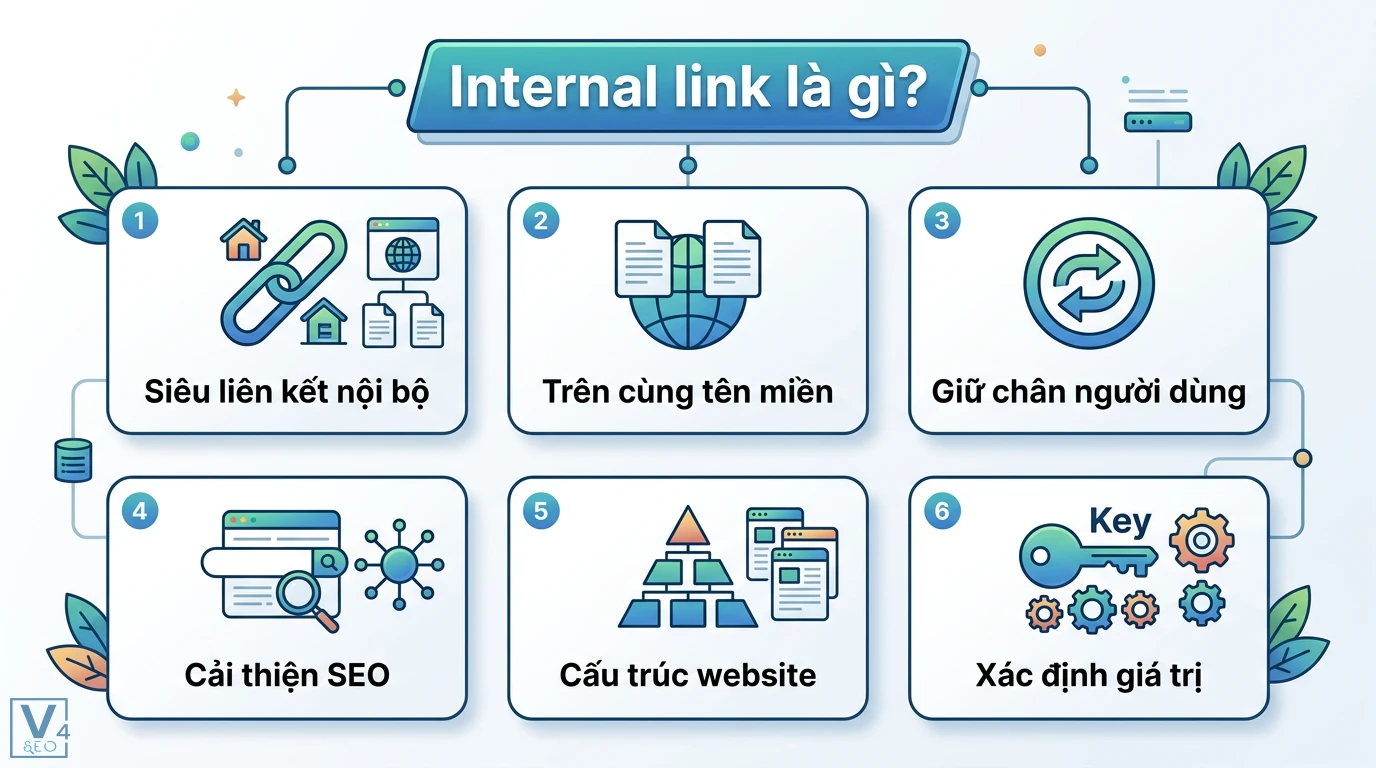 Internal link là gì? Quy trình xây dựng và audit liên kết nội bộ 1 Internal link là liên kết nội bộ trên cùng tên miền giúp giữ chân người dùng, cải thiện SEO, xây dựng cấu trúc website và xác định giá trị