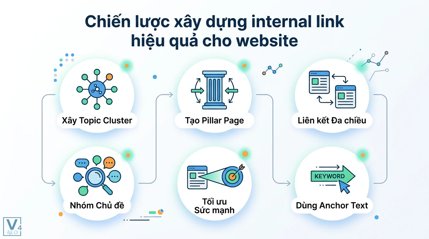 Internal link là gì? Quy trình xây dựng và audit liên kết nội bộ 2 Chiến lược xây dựng internal link qua nhóm chủ đề, Topic Cluster, Pillar Page, liên kết đa chiều, tối ưu sức mạnh và sử dụng Anchor Text
