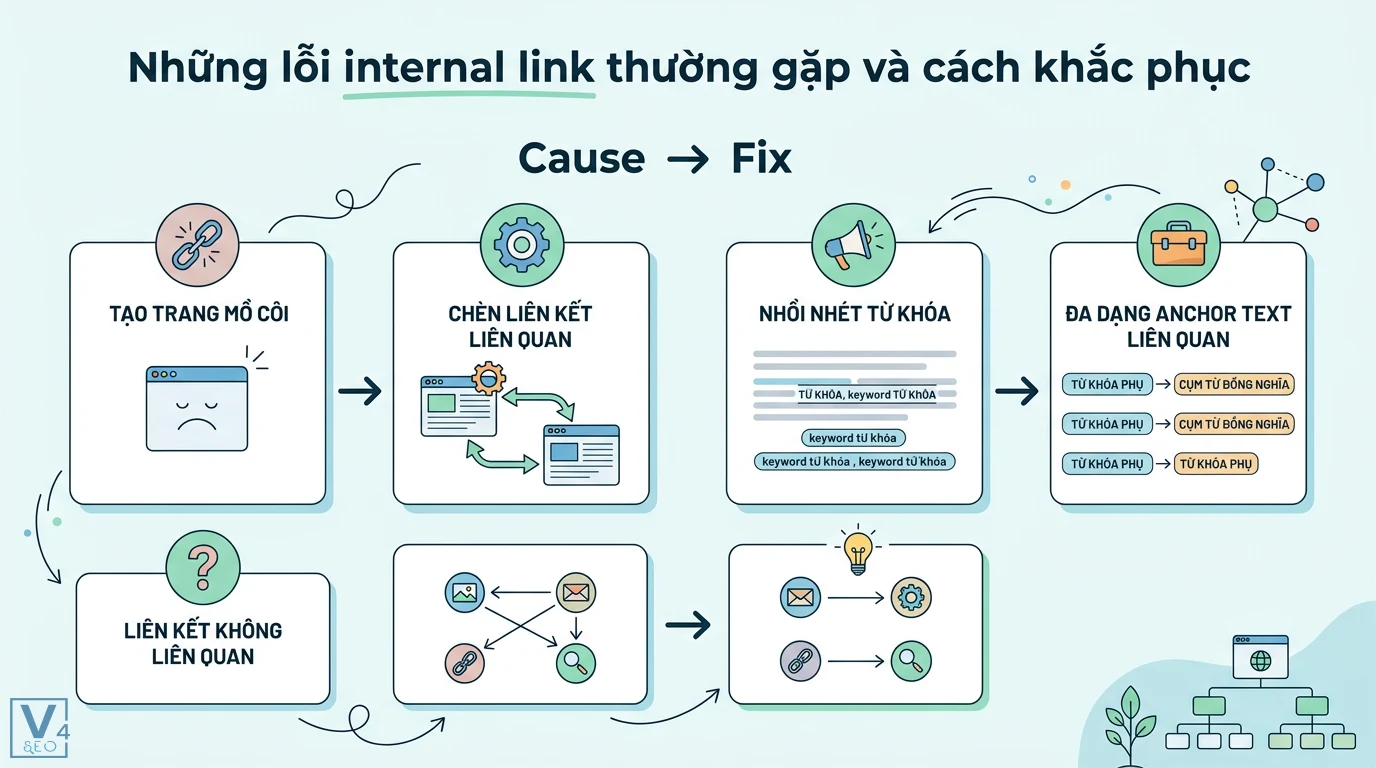 Internal link là gì? Quy trình xây dựng và audit liên kết nội bộ 3 Khắc phục lỗi internal link bằng cách xử lý trang mồ côi, đa dạng hóa anchor text và đảm bảo tính liên quan giữa các liên kết trong website