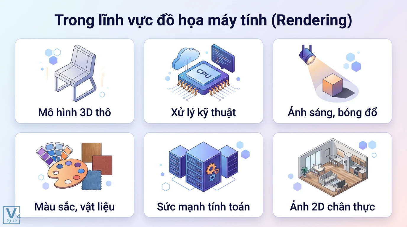 Kết quả hình ảnh là gì? Giải mã 3 định nghĩa đồ họa, AI và y khoa 1 Quá trình rendering đồ họa máy tính gồm mô hình 3D thô, ánh sáng, vật liệu và sức mạnh tính toán để tạo ra kết quả 2D chân thực