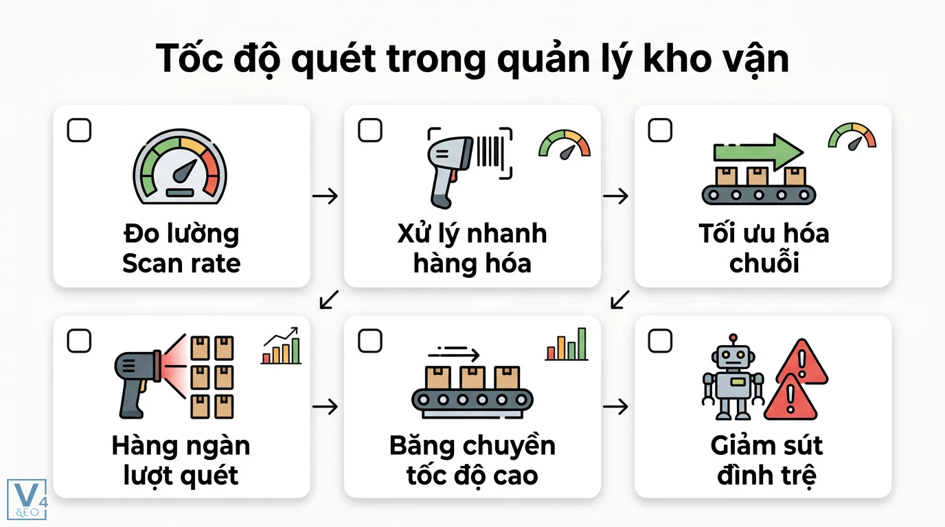 Khả năng quét nhanh là gì? Phân biệt trong y tế, bảo mật, quản lý 2 Tốc độ quét Scan rate trong quản lý kho vận với hàng ngàn lượt quét trên băng chuyền giúp tối ưu hóa chuỗi và tránh rủi ro đình trệ