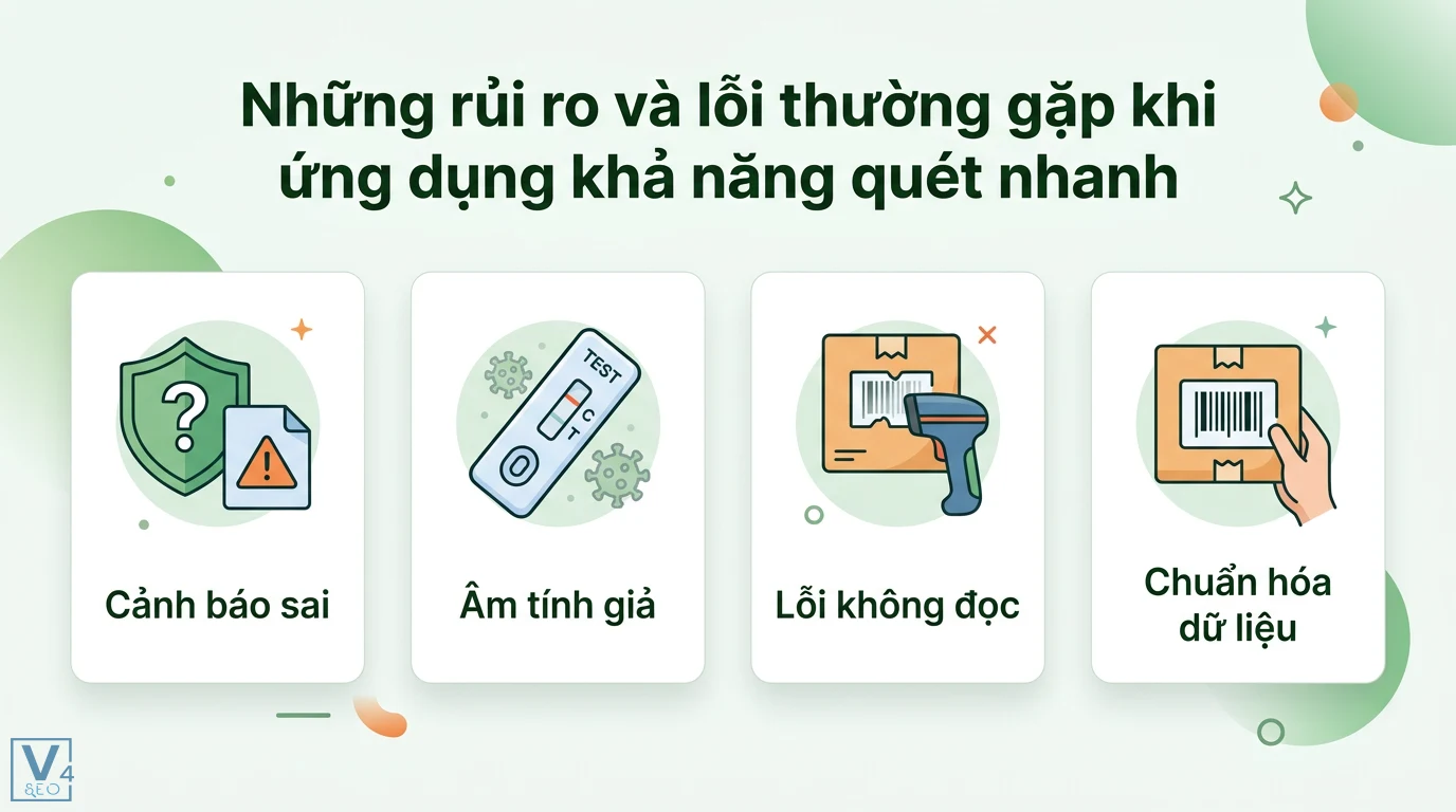 Khả năng quét nhanh là gì? Phân biệt trong y tế, bảo mật, quản lý 3 Rủi ro quét nhanh gồm cảnh báo sai, âm tính giả, lỗi không đọc mã và giải pháp chuẩn hóa dữ liệu để đảm bảo độ chính xác khi vận hành
