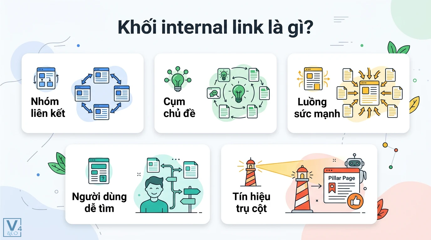 Khối internal link là gì? Cách xây dựng Topic Cluster chuẩn SEO 1 Liên kết nội bộ theo cụm chủ đề giúp người dùng dễ dàng tìm kiếm thông tin và tạo tín hiệu trụ cột báo hiệu Pillar Page quan trọng