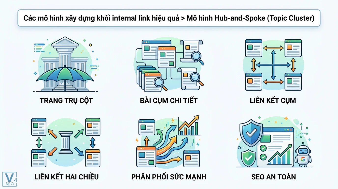 Khối internal link là gì? Cách xây dựng Topic Cluster chuẩn SEO 2 Mô hình Hub-and-Spoke Topic Cluster kết nối trang trụ cột và bài cụm chi tiết qua liên kết hai chiều giúp phân phối sức mạnh và SEO an toàn