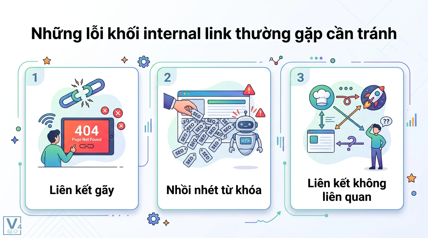 Khối internal link là gì? Cách xây dựng Topic Cluster chuẩn SEO 3 Lỗi internal link phổ biến cần tránh gồm liên kết gãy 404, nhồi nhét từ khóa anchor text và các liên kết nội bộ không liên quan ngữ cảnh