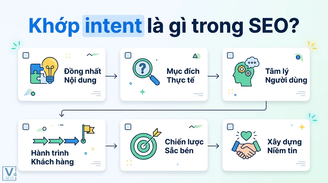 Khớp intent là gì? Cách kiểm tra và tối ưu nội dung chuẩn SERP 1 Khớp intent trong SEO qua việc đồng nhất nội dung với mục đích thực tế, tâm lý và hành trình khách hàng để tối ưu chiến lược, xây dựng niềm tin