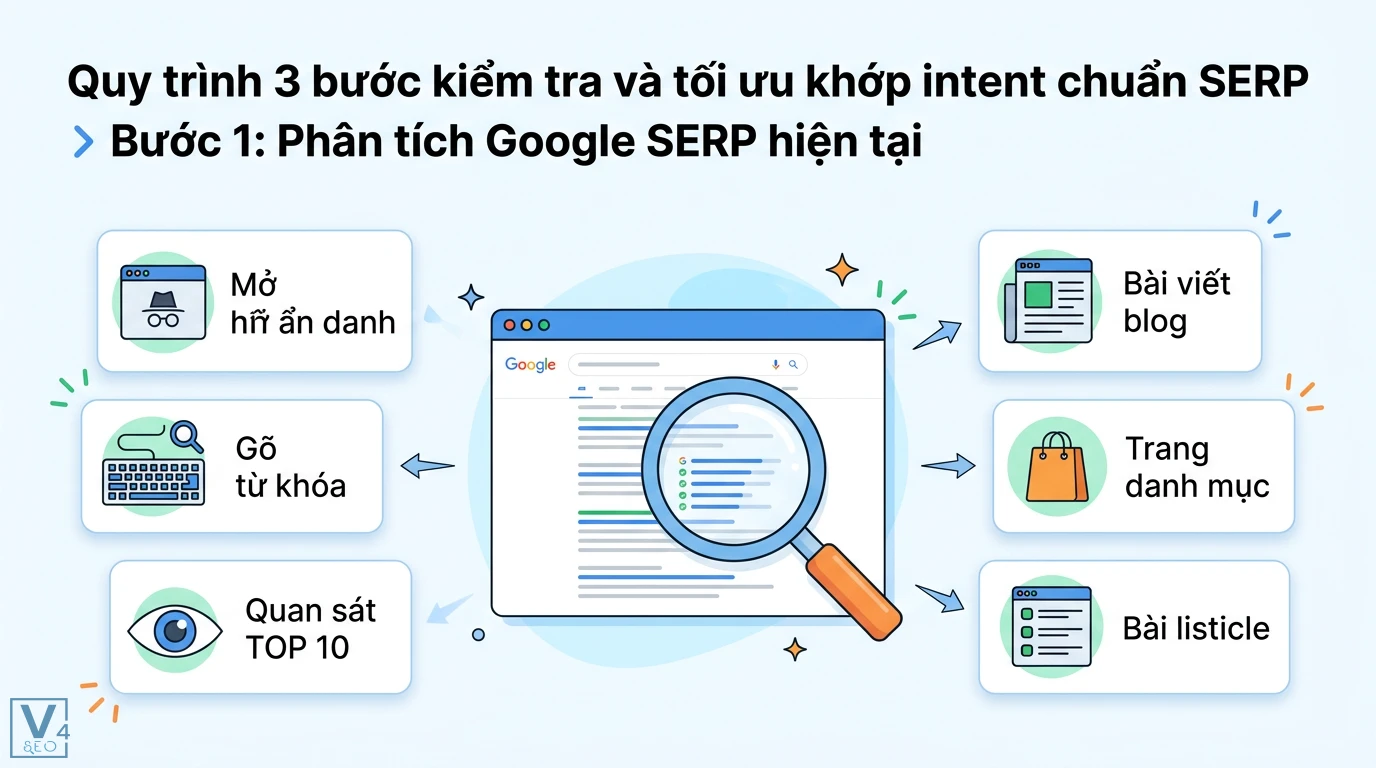 Khớp intent là gì? Cách kiểm tra và tối ưu nội dung chuẩn SERP 2 Phân tích Google SERP hiện tại qua thao tác mở trình ẩn danh, gõ từ khóa, quan sát Top 10 để nhận diện bài viết blog, trang danh mục và listicle