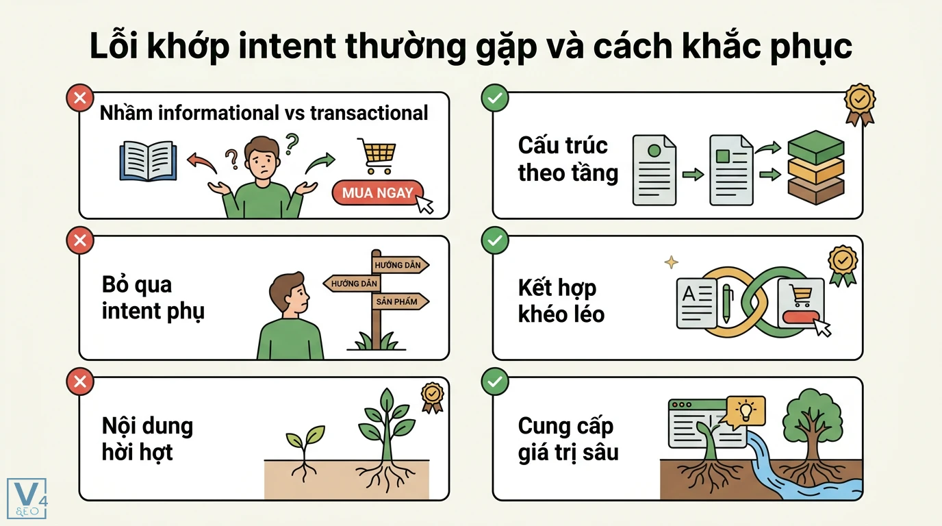 Khớp intent là gì? Cách kiểm tra và tối ưu nội dung chuẩn SERP 3 Khắc phục lỗi khớp intent bằng cách phân biệt nội dung thông tin và giao dịch, tối ưu cấu trúc đa tầng và cung cấp giá trị chuyên sâu