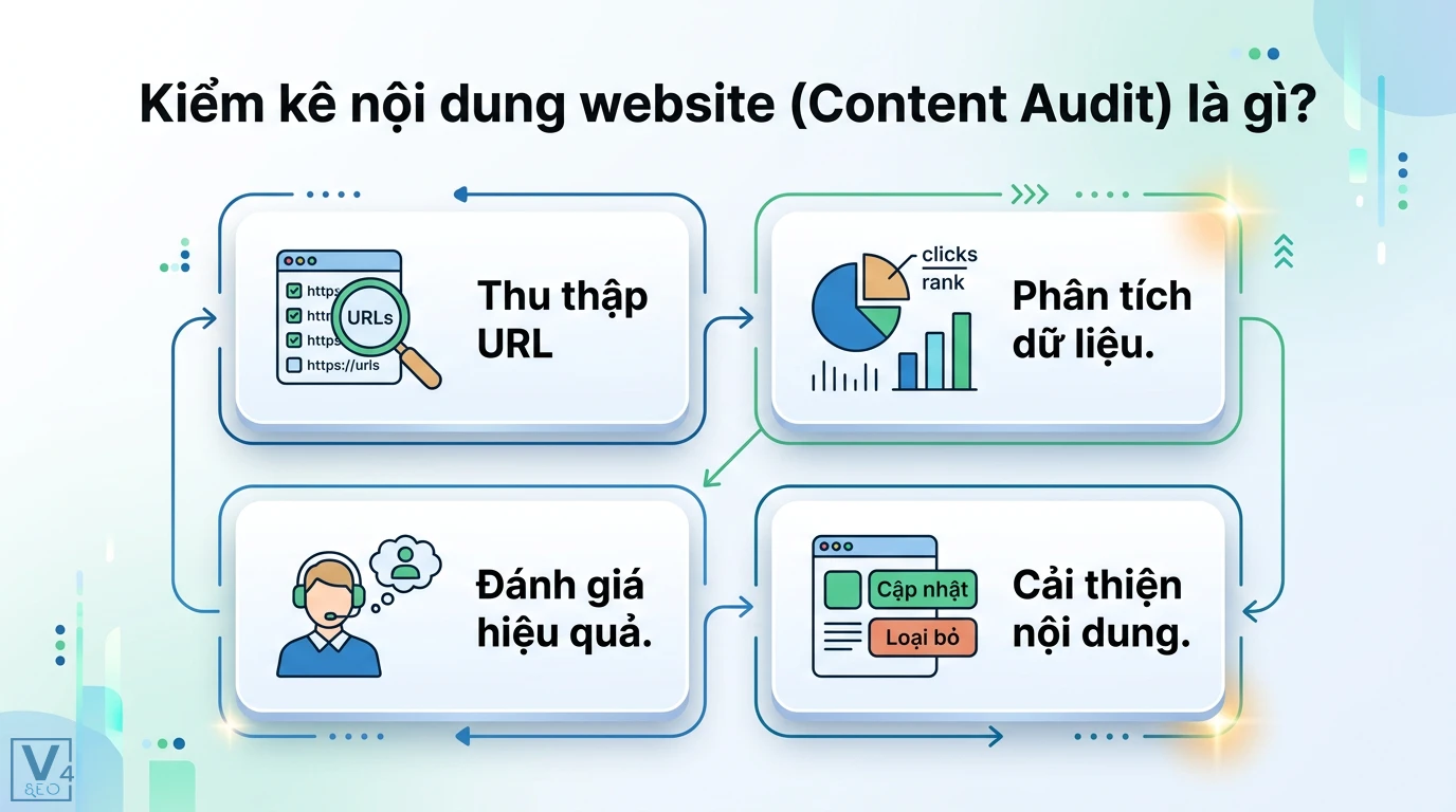 Kiểm kê nội dung là gì? Quy trình Content Audit website chuẩn SEO 1 Kiểm kê nội dung website gồm thu thập URL, phân tích dữ liệu clicks và rank, đánh giá hiệu quả để cập nhật hoặc loại bỏ nội dung bài viết