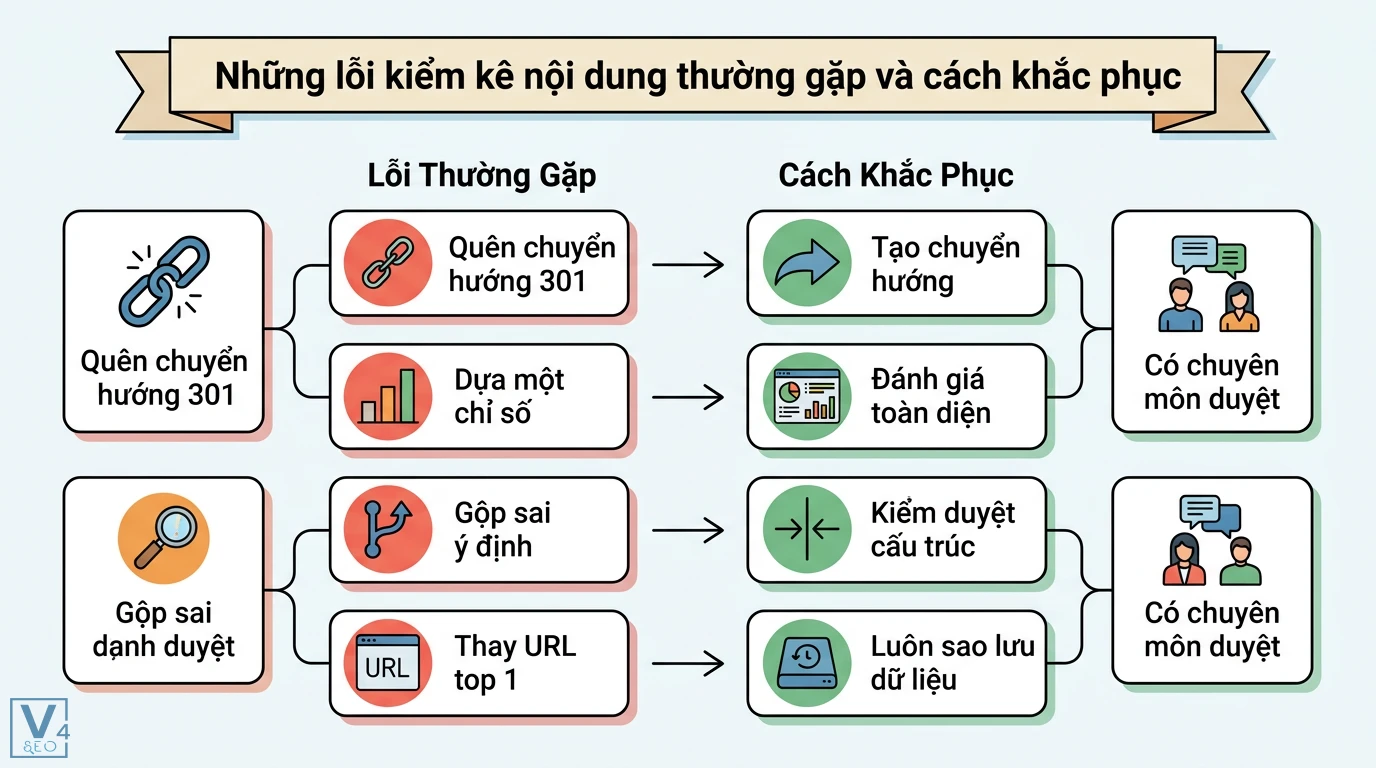 Kiểm kê nội dung là gì? Quy trình Content Audit website chuẩn SEO 3 Lỗi kiểm kê nội dung thường gặp như quên chuyển hướng 301, gộp sai ý định và cách khắc phục qua đánh giá toàn diện, sao lưu dữ liệu website