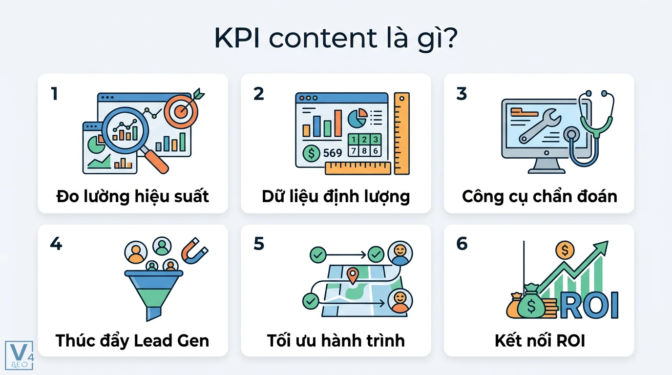 KPI content là gì? Cách đo lường ROI và hiệu quả nội dung 2026 1 KPI content đo lường hiệu suất, dữ liệu định lượng, công cụ chẩn đoán, thúc đẩy Lead Gen, tối ưu hành trình và kết nối trực tiếp với ROI