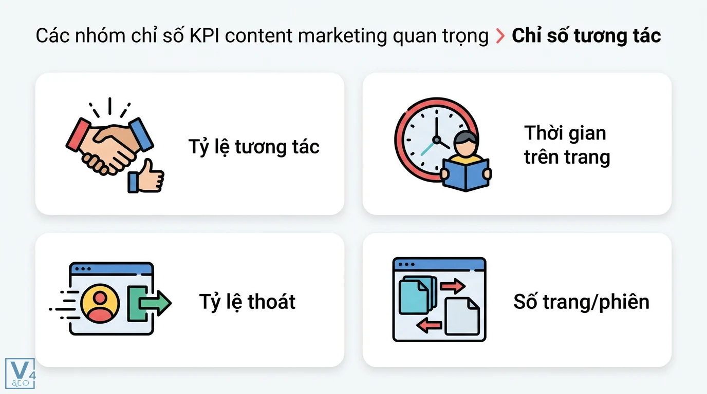 KPI content là gì? Cách đo lường ROI và hiệu quả nội dung 2026 2 Chỉ số tương tác content marketing gồm tỷ lệ tương tác, thời gian trên trang, tỷ lệ thoát và số trang mỗi phiên để đánh giá hiệu quả bài viết