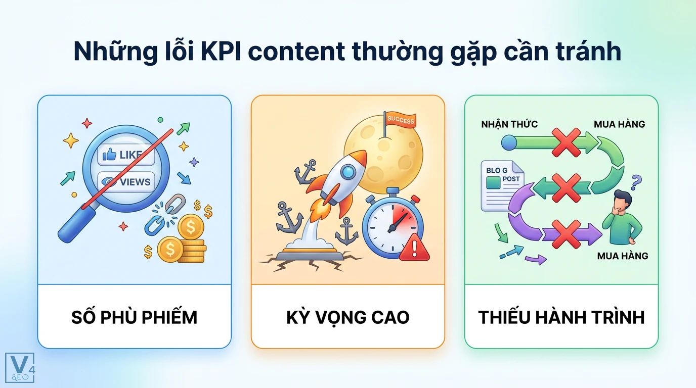 KPI content là gì? Cách đo lường ROI và hiệu quả nội dung 2026 3 Các lỗi KPI content thường gặp gồm chỉ số phù phiếm, đặt kỳ vọng phi thực tế và thiếu gắn kết với hành trình nhận thức đến mua hàng