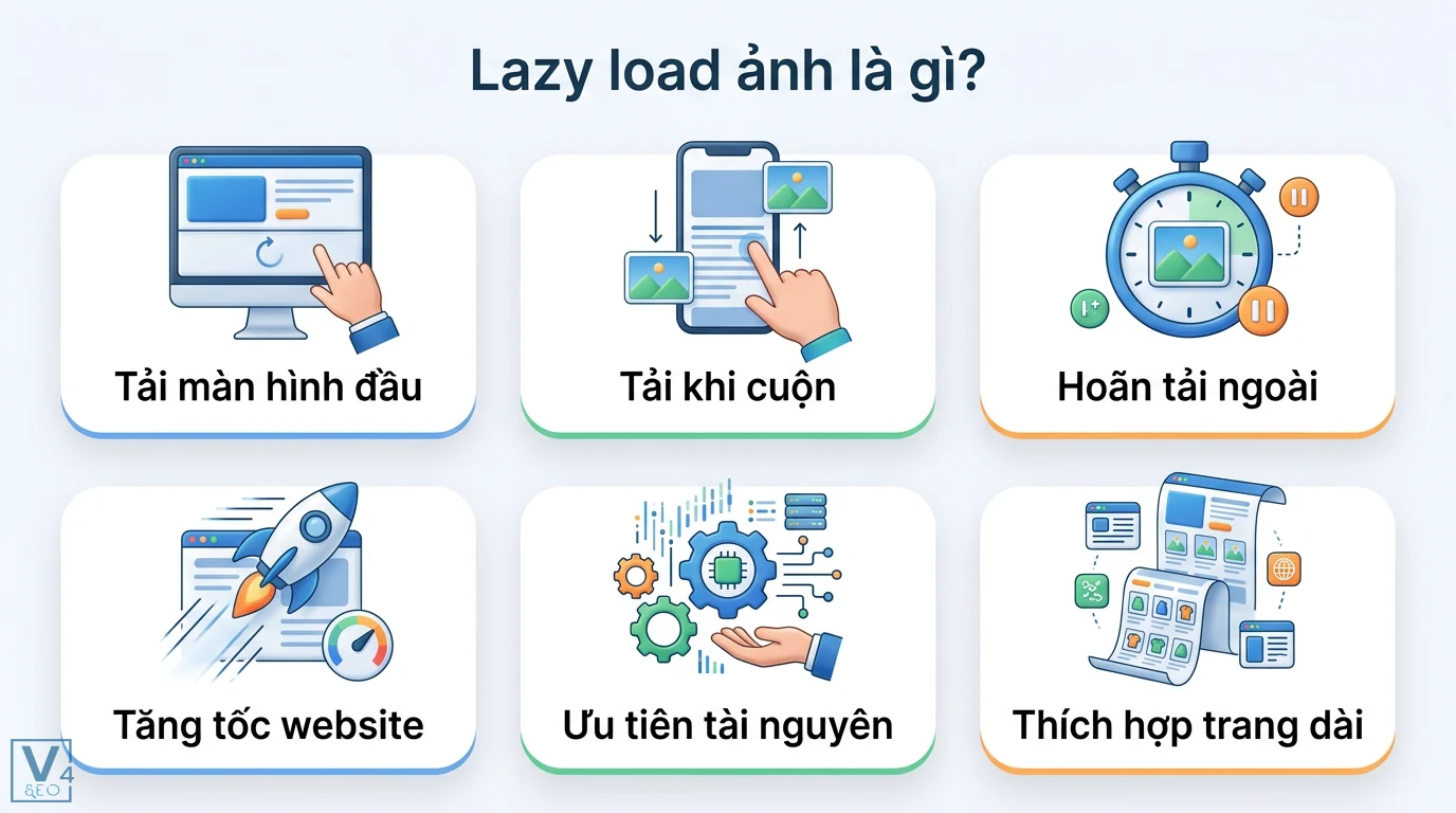 Lazy load ảnh là gì? Cách tối ưu Core Web Vitals và tốc độ web 1 Lazy load tối ưu hiệu suất website qua việc tải màn hình đầu, tải khi cuộn, hoãn tải ngoài nhằm ưu tiên tài nguyên và tăng tốc độ trang dài