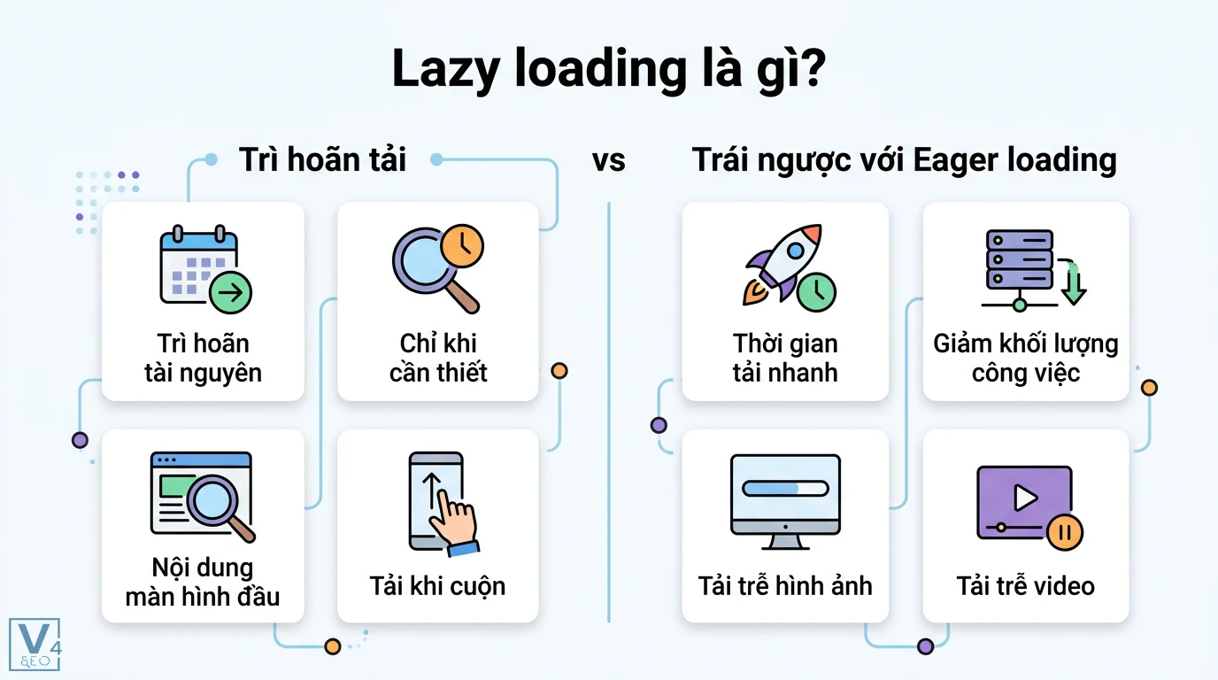 Lazy loading là gì? Cách dùng loading='lazy' tối ưu hiệu suất web 1 Cơ chế Lazy loading trì hoãn tải tài nguyên và chỉ tải khi cuộn trang, trái ngược với Eager loading giúp tối ưu hóa hiệu suất website