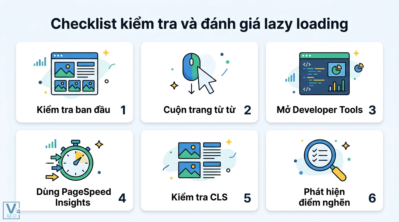 Lazy loading là gì? Cách dùng loading='lazy' tối ưu hiệu suất web 3 Checklist kiểm tra lazy loading gồm cuộn trang, mở Developer Tools, dùng PageSpeed Insights và kiểm tra CLS giúp phát hiện điểm nghẽn SEO