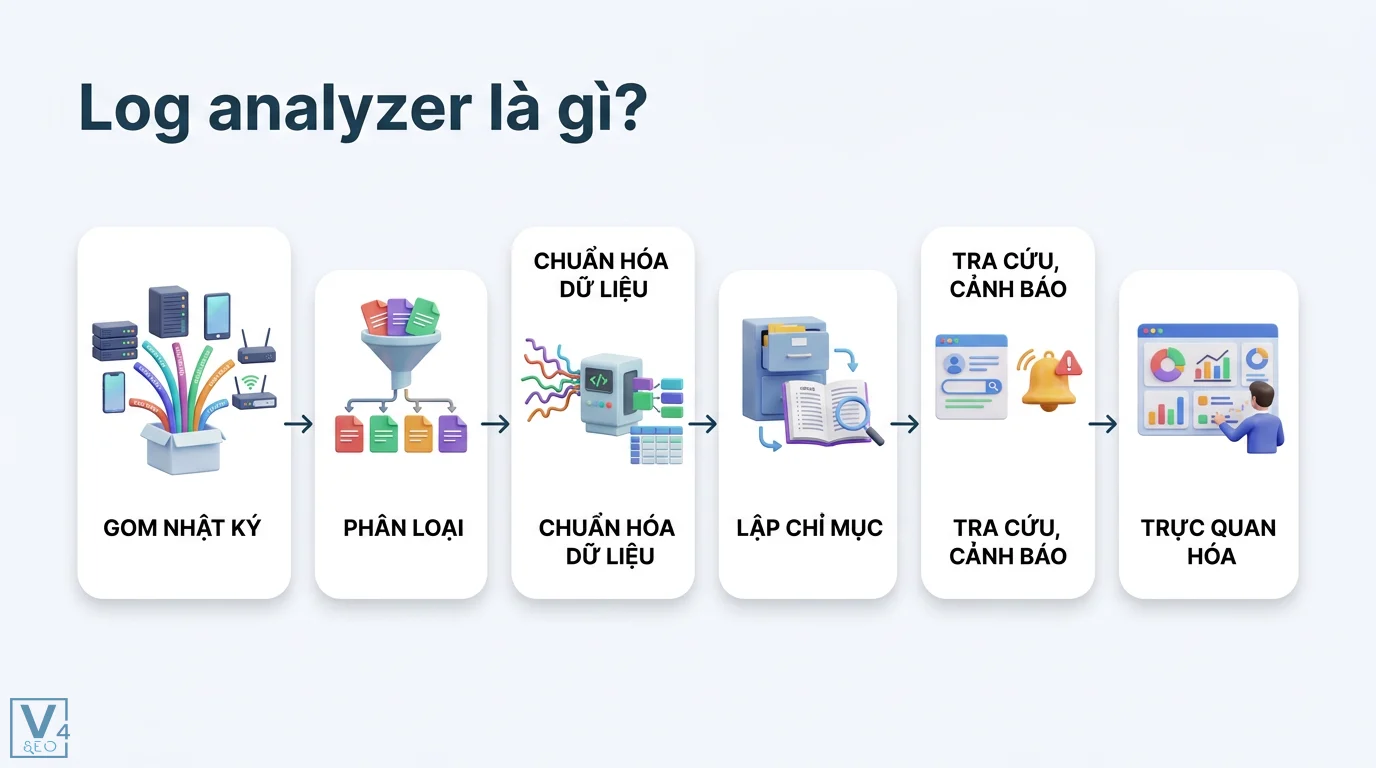 Log analyzer là gì? Vai trò trong bảo mật IT và tối ưu SEO 1 Quy trình Log analyzer gồm gom nhật ký, phân loại, chuẩn hóa dữ liệu, lập chỉ mục, tra cứu cảnh báo và trực quan hóa dữ liệu nhật ký