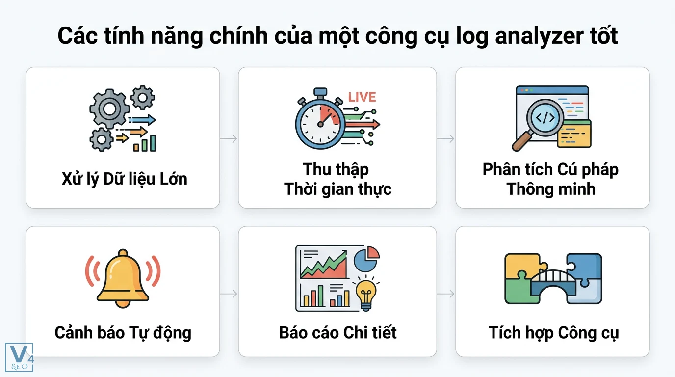 Log analyzer là gì? Vai trò trong bảo mật IT và tối ưu SEO 2 Các tính năng của công cụ log analyzer gồm xử lý dữ liệu lớn, thu thập thời gian thực, phân tích cú pháp, cảnh báo tự động và báo cáo chi tiết