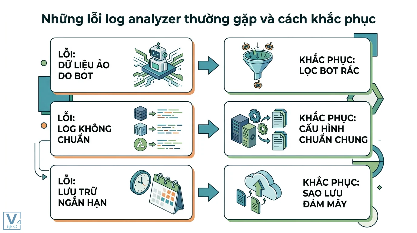 Log analyzer là gì? Vai trò trong bảo mật IT và tối ưu SEO 3 Những lỗi log analyzer thường gặp và cách khắc phục qua việc lọc bot rác, thiết lập cấu hình chuẩn chung và sao lưu dữ liệu lên đám mây