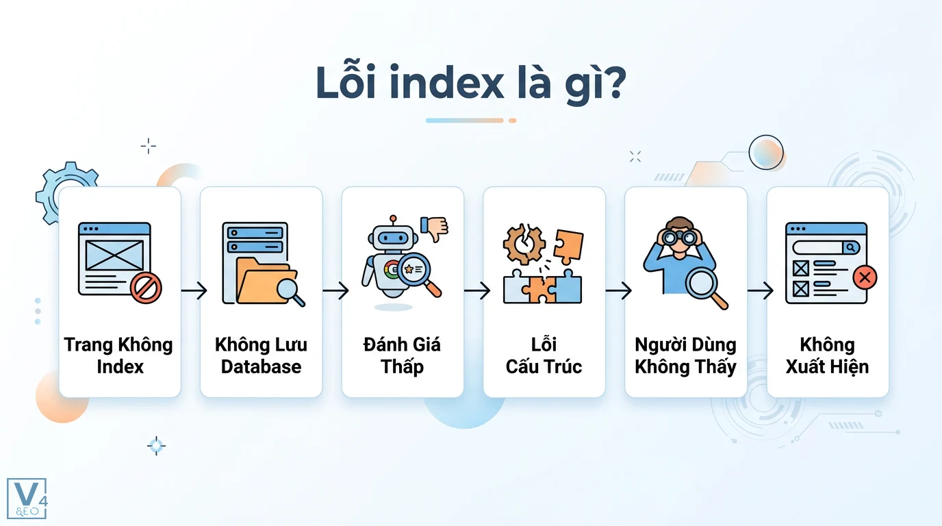 Lỗi index là gì? Cách chẩn đoán và sửa lỗi lập chỉ mục website 1 Lỗi index do đánh giá thấp hoặc lỗi cấu trúc khiến trang không được lưu vào database và không xuất hiện trên kết quả tìm kiếm của người dùng