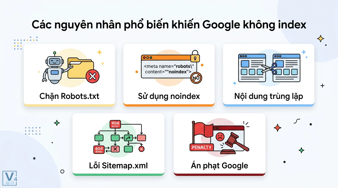 Lỗi index là gì? Cách chẩn đoán và sửa lỗi lập chỉ mục website 2 Các nguyên nhân khiến Google không index gồm chặn Robots.txt, sử dụng thẻ noindex, nội dung trùng lặp, lỗi Sitemap.xml và án phạt Google
