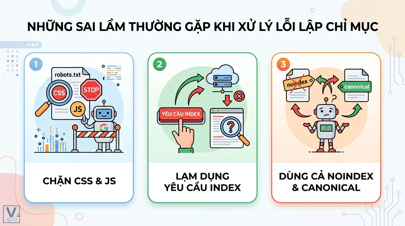 Lỗi index là gì? Cách chẩn đoán và sửa lỗi lập chỉ mục website 3 Sai lầm khi xử lý lỗi lập chỉ mục gồm chặn CSS JavaScript, lạm dụng yêu cầu index và sử dụng đồng thời thẻ noindex cùng thẻ canonical