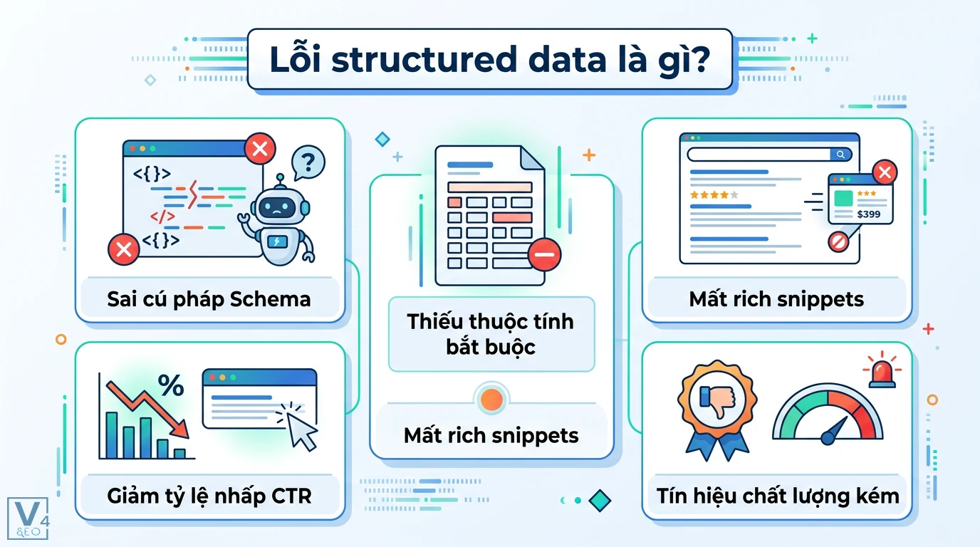 Lỗi structured data là gì? Cách khắc phục lỗi Schema chuẩn Google 1 Lỗi structured data do sai cú pháp Schema, thiếu thuộc tính bắt buộc gây mất rich snippets, giảm tỷ lệ nhấp CTR và tín hiệu chất lượng kém