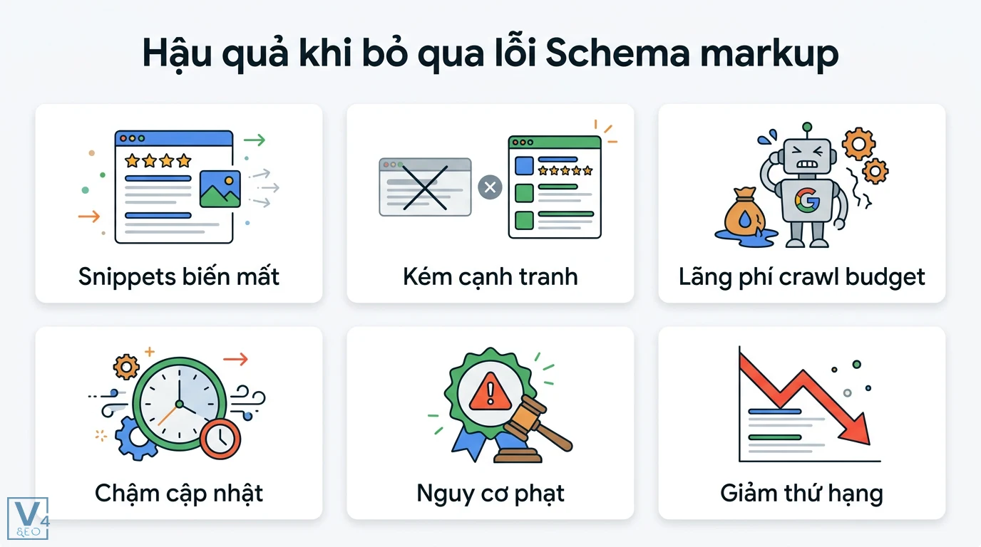Lỗi structured data là gì? Cách khắc phục lỗi Schema chuẩn Google 3 Hậu quả lỗi Schema markup làm mất Snippets, lãng phí crawl budget, chậm cập nhật nội dung và nguy cơ bị Google phạt gây sụt giảm thứ hạng
