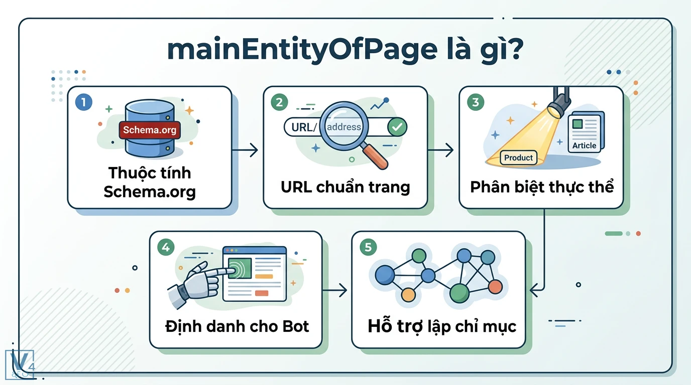 mainEntityOfPage là gì? Cách dùng JSON-LD tối ưu Entity SEO 1 mainEntityOfPage trong Schema.org xác định URL chuẩn trang nhằm phân biệt thực thể chính và hỗ trợ Googlebot lập chỉ mục dữ liệu chuẩn xác