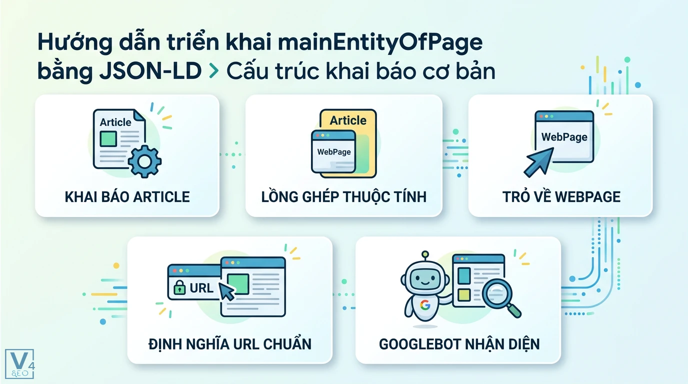 mainEntityOfPage là gì? Cách dùng JSON-LD tối ưu Entity SEO 2 Quy trình lồng ghép mainEntityOfPage vào Article trỏ về WebPage chứa URL chuẩn giúp Googlebot nhận diện cấu trúc dữ liệu chính xác trên trang