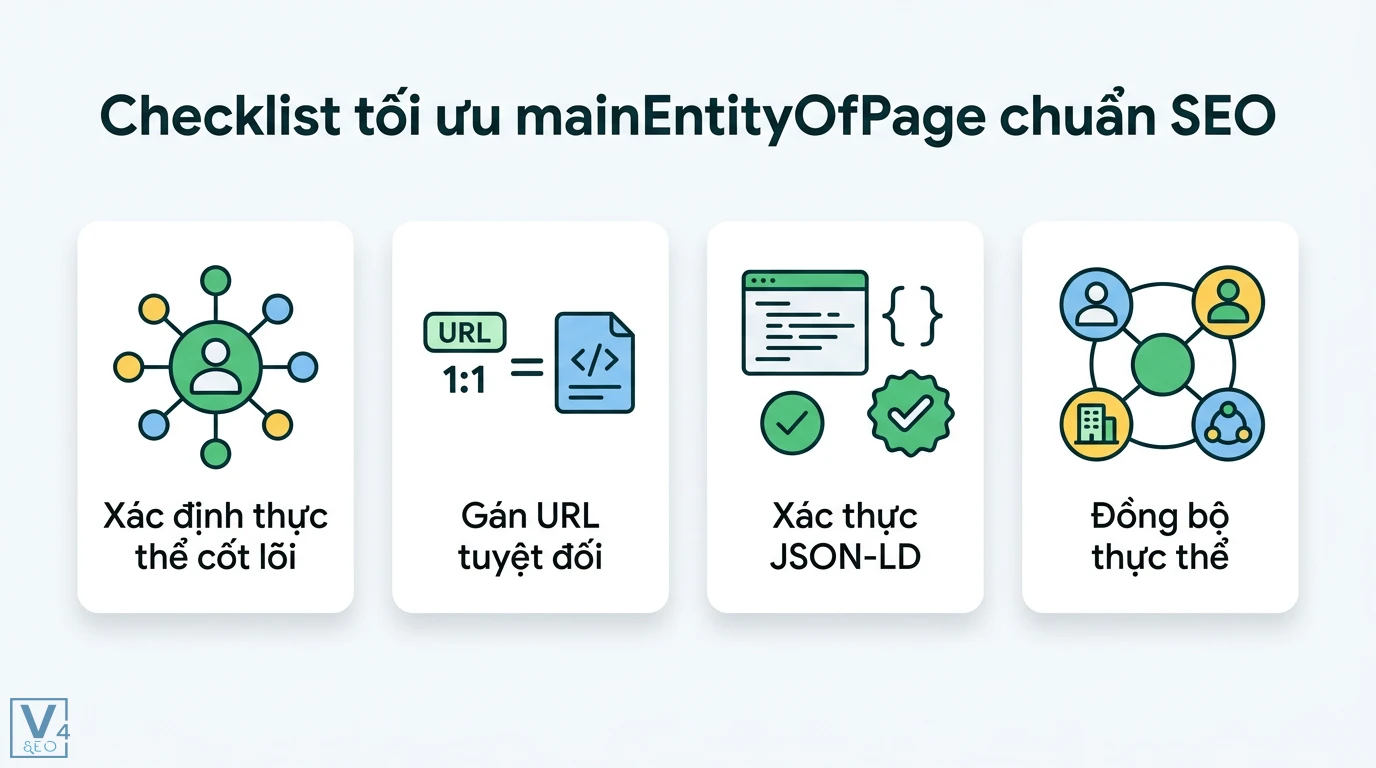 mainEntityOfPage là gì? Cách dùng JSON-LD tối ưu Entity SEO 3 Tối ưu mainEntityOfPage chuẩn SEO qua xác định thực thể cốt lõi, gán URL tuyệt đối, xác thực JSON-LD và đồng bộ hóa mạng lưới thực thể