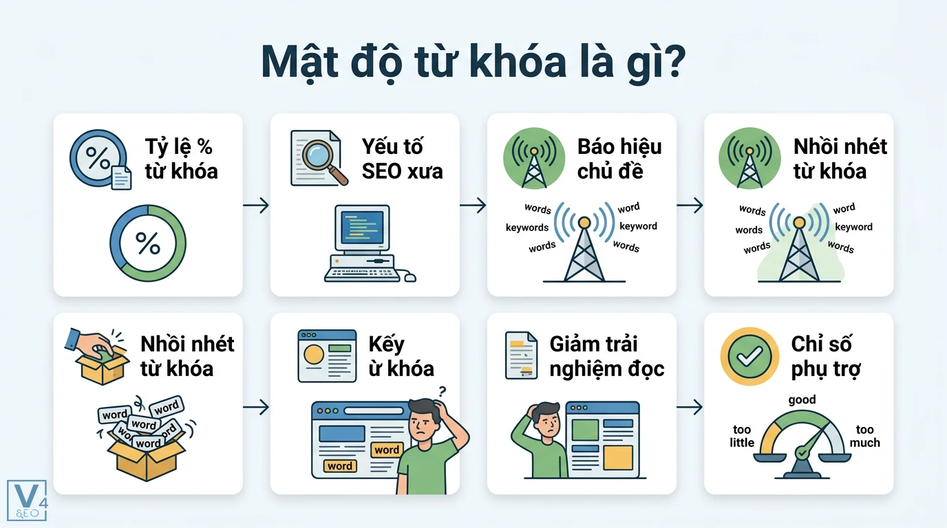 Mật độ từ khóa là gì? Tối ưu Semantic SEO và Search Intent 1 Mật độ từ khóa thể hiện tỷ lệ từ khóa giúp báo hiệu chủ đề, tránh nhồi nhét làm giảm trải nghiệm đọc và đóng vai trò là chỉ số SEO phụ trợ