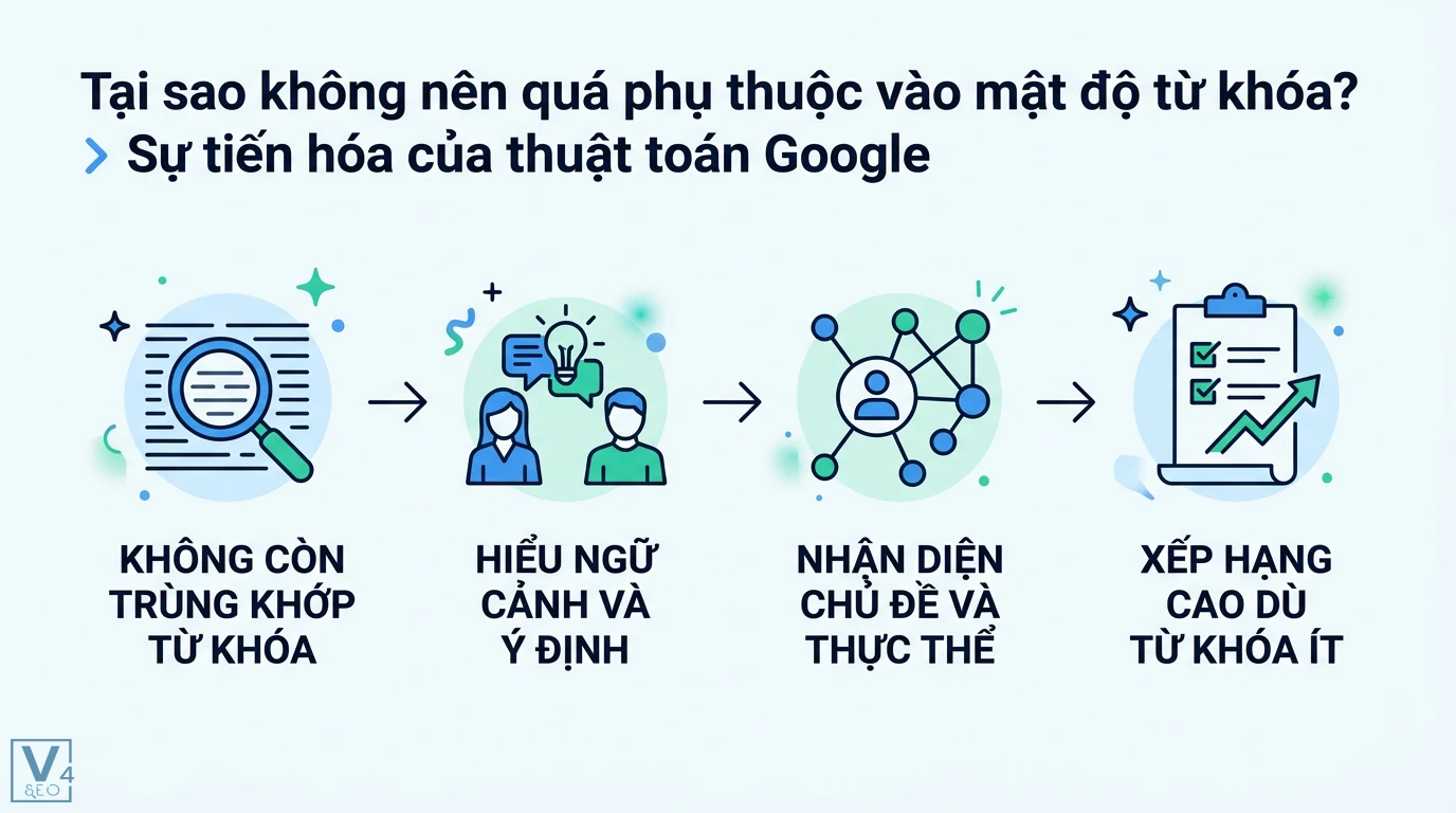 Mật độ từ khóa là gì? Tối ưu Semantic SEO và Search Intent 2 Sự tiến hóa thuật toán Google từ trùng khớp từ khóa sang hiểu ngữ cảnh và thực thể giúp bài viết xếp hạng cao dù mật độ từ khóa thấp