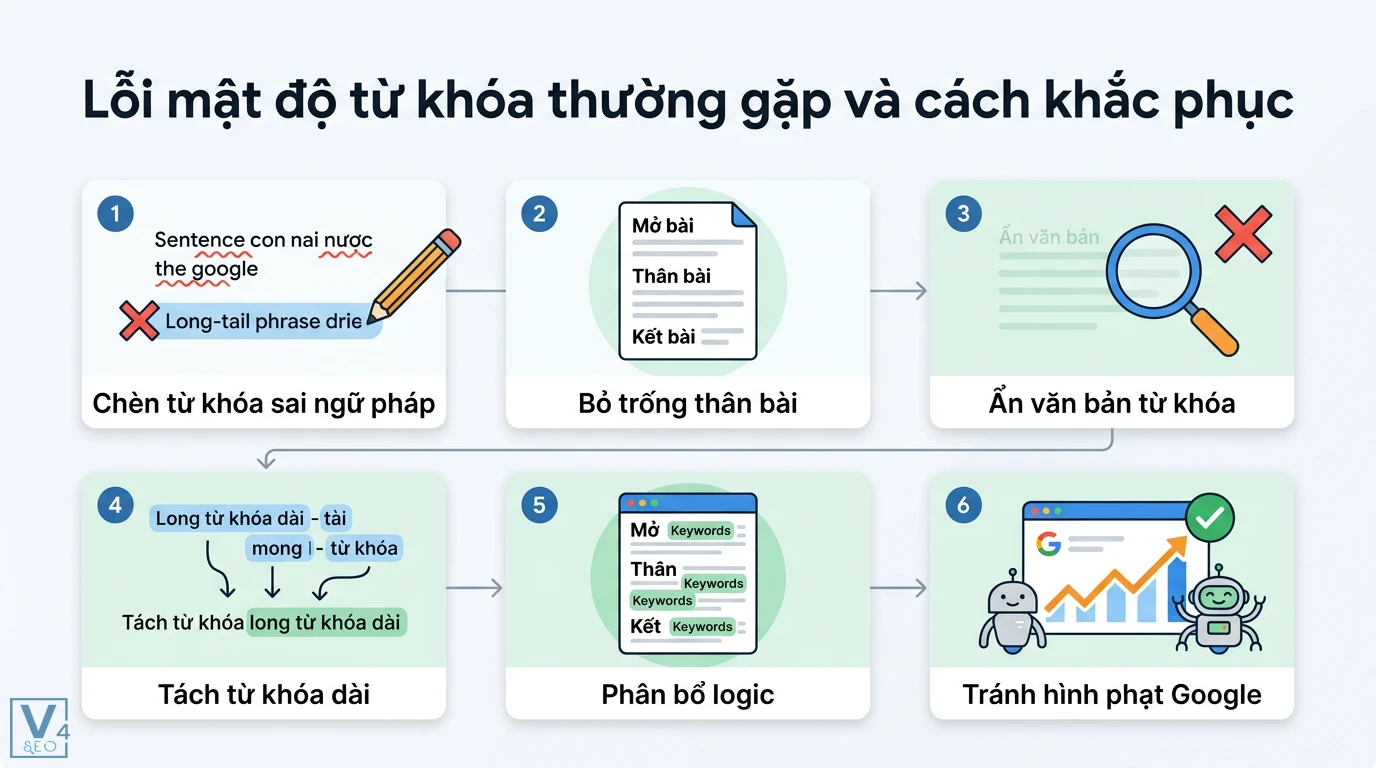 Mật độ từ khóa là gì? Tối ưu Semantic SEO và Search Intent 3 Lỗi mật độ từ khóa như chèn sai ngữ pháp, ẩn văn bản và cách khắc phục bằng việc tách từ khóa dài, phân bổ logic để tránh hình phạt Google