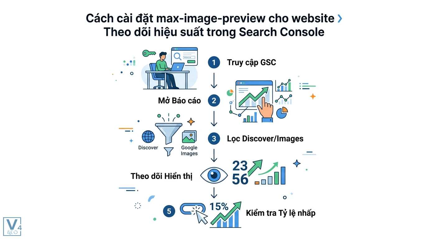 Max-image-preview là gì? Cách hiện ảnh lớn trên Google Discover 2 Quy trình theo dõi hiệu suất max-image-preview trong Search Console qua bộ lọc Discover và Google Images để kiểm tra lượt hiển thị và tỷ lệ nhấp