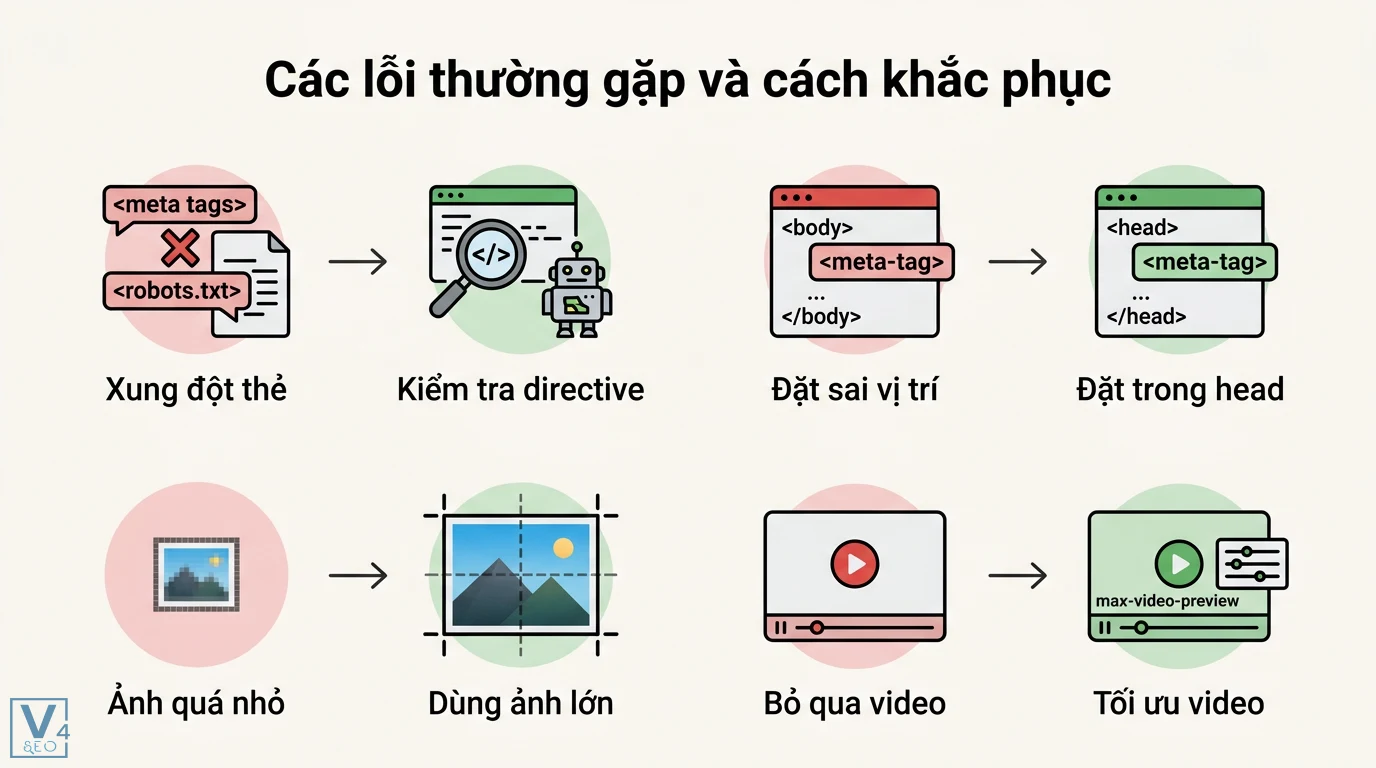 Max-image-preview là gì? Cách hiện ảnh lớn trên Google Discover 3 Khắc phục lỗi SEO kỹ thuật như xung đột thẻ meta, sai vị trí thẻ head, ảnh kích thước nhỏ và tối ưu video với thuộc tính max-video-preview