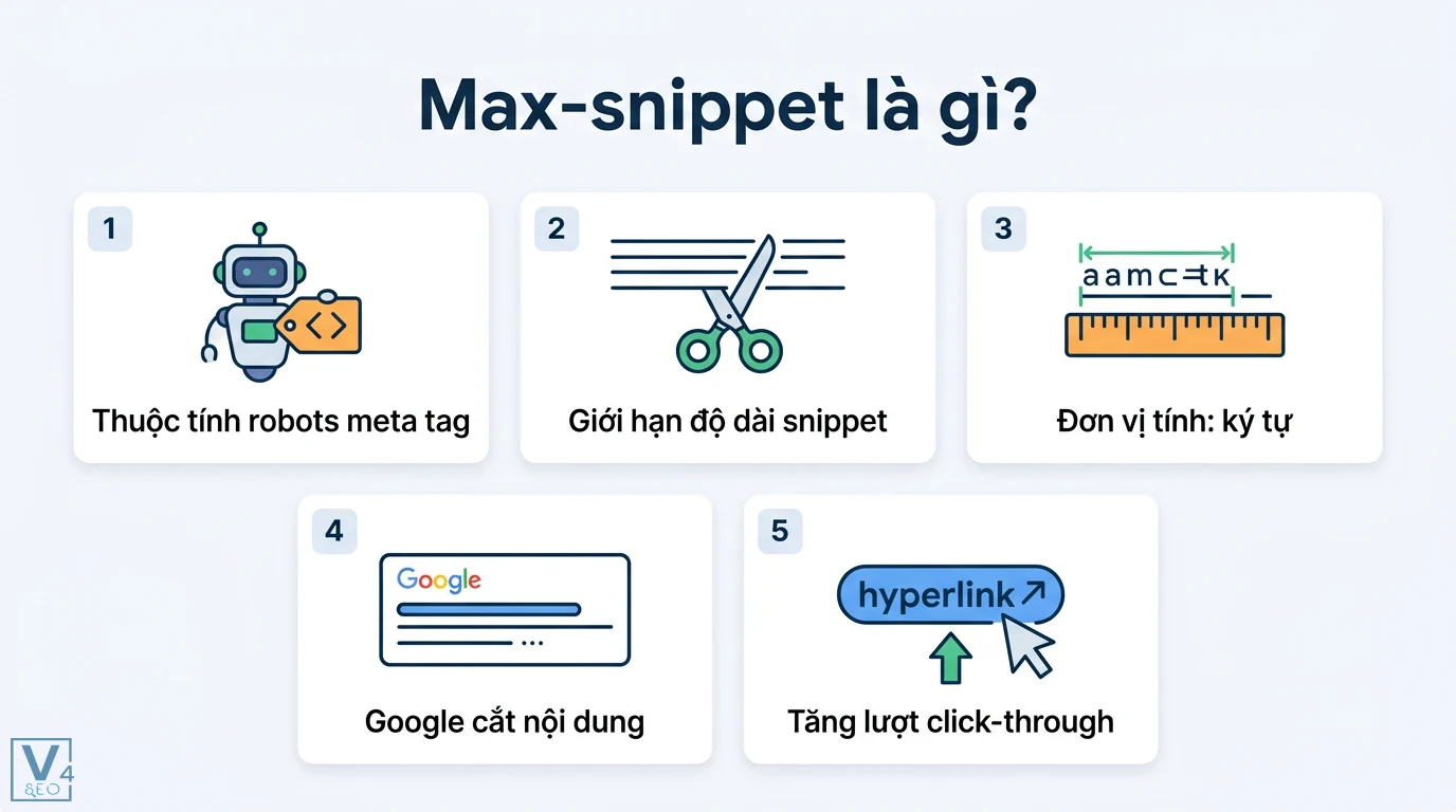Max-snippet là gì? Hướng dẫn kỹ thuật và cách dùng robots meta tag 1 Max-snippet thuộc robots meta tag giúp giới hạn độ dài ký tự snippet trên Google nhằm tối ưu nội dung hiển thị và tăng lượt click-through