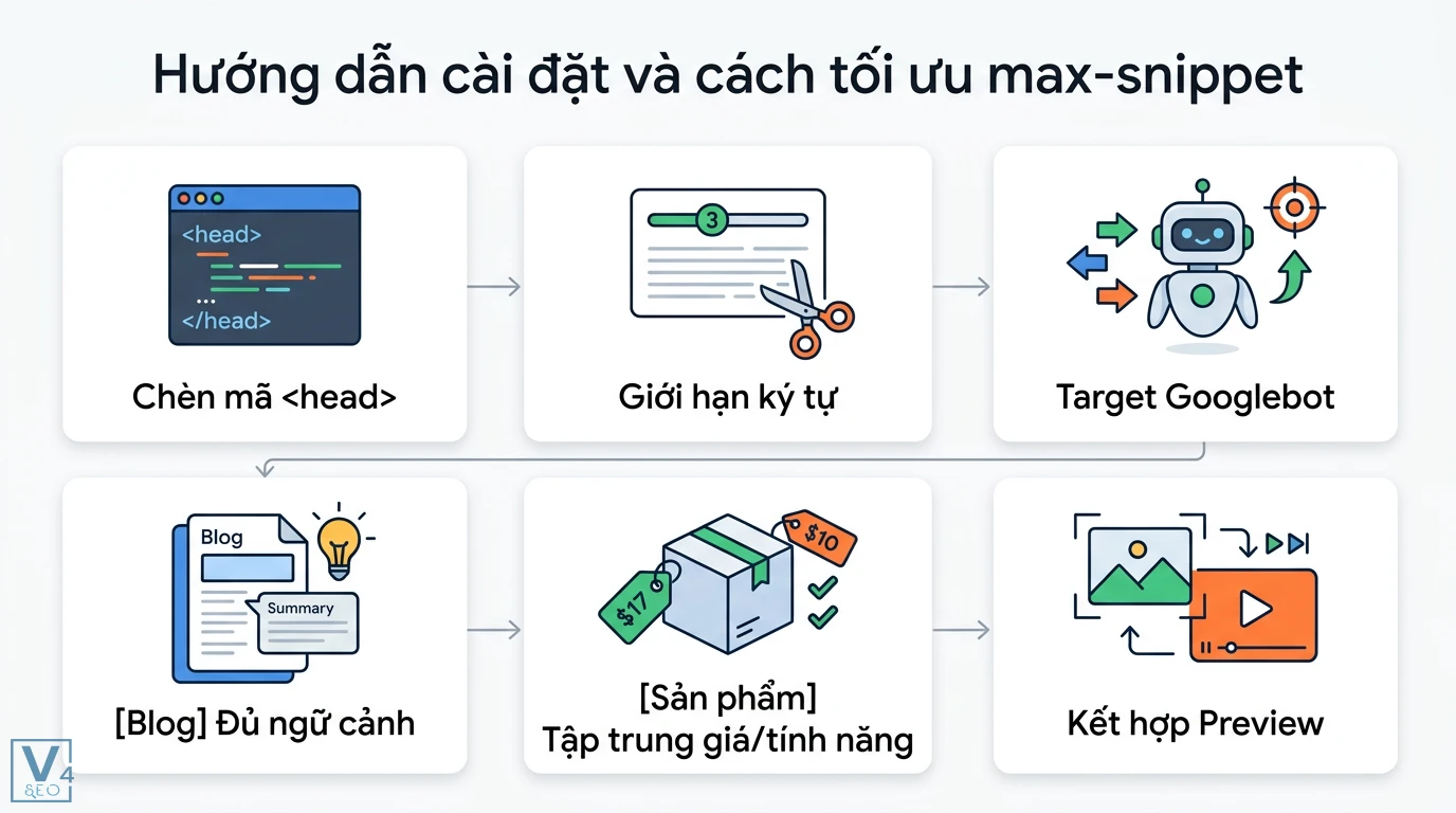 Max-snippet là gì? Hướng dẫn kỹ thuật và cách dùng robots meta tag 2 Cách cài đặt max-snippet qua chèn mã head, giới hạn ký tự cho Googlebot và tối ưu hiển thị snippet cho blog, sản phẩm cùng các thẻ preview