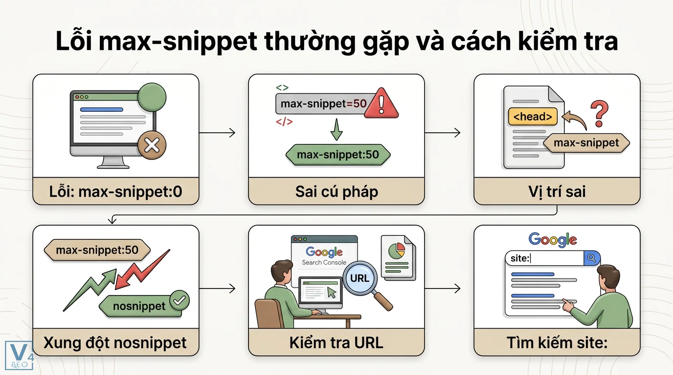 Max-snippet là gì? Hướng dẫn kỹ thuật và cách dùng robots meta tag 3 Lỗi max-snippet thường gặp như sai cú pháp, đặt ngoài thẻ head, xung đột nosnippet và cách kiểm tra bằng Search Console hoặc toán tử site