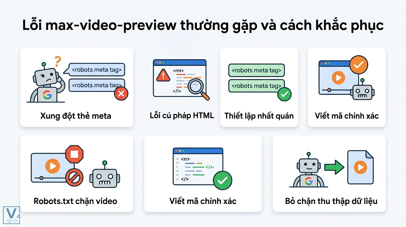 max-video-preview là gì? Cách dùng thẻ để tăng CTR cho video SEO 3 Xử lý lỗi max-video-preview thông qua sửa xung đột thẻ meta, lỗi cú pháp HTML và cấu hình robots.txt cho phép Googlebot truy cập tệp nguồn video