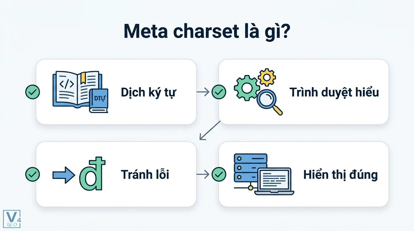 Meta charset là gì? Cách dùng UTF-8 chuẩn SEO và sửa lỗi font 1 Meta charset giúp dịch ký tự để trình duyệt hiểu mã hóa dữ liệu nhằm tránh lỗi phông chữ và đảm bảo nội dung trang web hiển thị chính xác