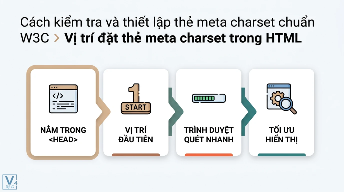 Meta charset là gì? Cách dùng UTF-8 chuẩn SEO và sửa lỗi font 2 Vị trí đặt thẻ meta charset chuẩn W3C nằm trong thẻ head giúp trình duyệt quét nhanh 1024 byte đầu tiên để tối ưu hóa quá trình hiển thị