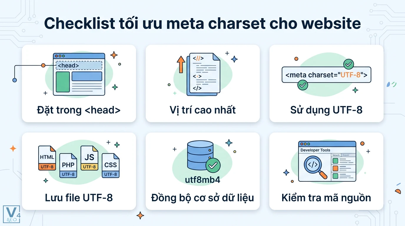 Meta charset là gì? Cách dùng UTF-8 chuẩn SEO và sửa lỗi font 3 Checklist tối ưu meta charset gồm đặt thẻ UTF-8 trong head, lưu file mã nguồn, đồng bộ utf8mb4 cho cơ sở dữ liệu và kiểm tra mã nguồn