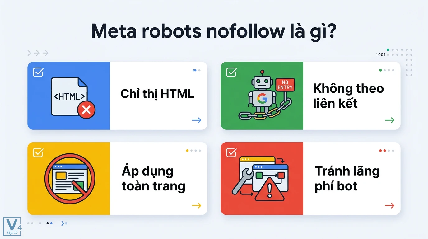 Meta robots nofollow là gì? Phân biệt với rel=nofollow cho SEO 2 Cách triển khai meta robots nofollow qua thẻ HTML và HTTP header X-Robots-Tag nhằm chặn liên kết và quản lý tệp tin chuẩn kỹ thuật