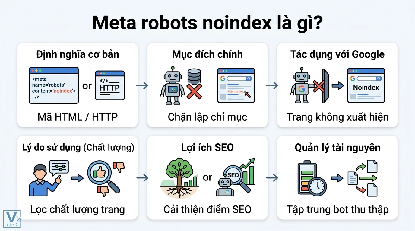 Meta robots noindex là gì? Cách dùng chuẩn và 5 lỗi thường gặp 1 Meta robots noindex là mã HTML hoặc HTTP giúp chặn Google lập chỉ mục, hỗ trợ lọc chất lượng trang, cải thiện điểm SEO và tối ưu bot thu thập