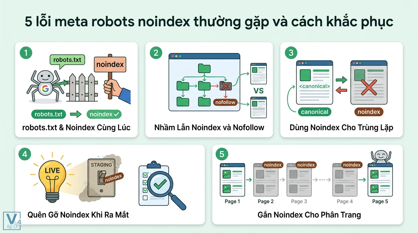 Meta robots noindex là gì? Cách dùng chuẩn và 5 lỗi thường gặp 2 Lỗi meta robots noindex thường gặp như chặn robots.txt, nhầm nofollow, dùng thay canonical, quên gỡ khi live và gắn thẻ cho các trang phân trang