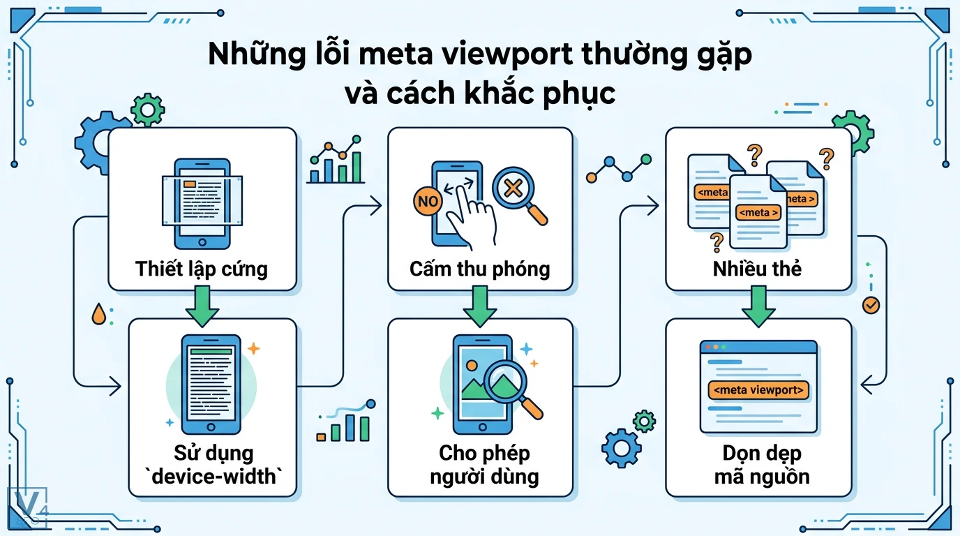 Meta viewport là gì? Cách cài đặt chuẩn Responsive Web Design 3 Cách khắc phục lỗi meta viewport bằng device-width, cho phép người dùng thu phóng và dọn dẹp mã nguồn để tối ưu hiển thị trên di động