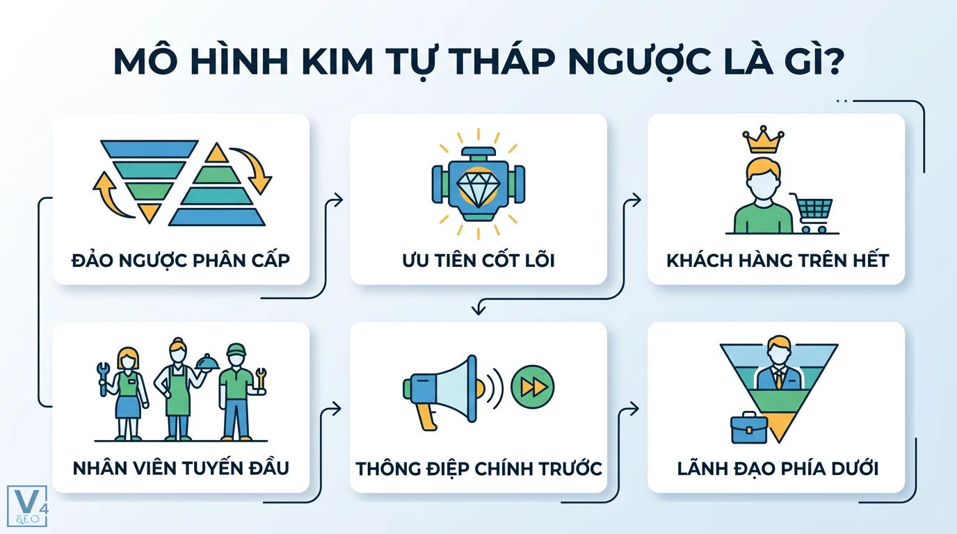 Mô hình kim tự tháp ngược là gì? Bí quyết quản trị và Content 3 Mô hình kim tự tháp ngược đảo ngược phân cấp ưu tiên cốt lõi đặt khách hàng và nhân viên lên trên hết cùng thông điệp chính tại vị trí đầu tiên