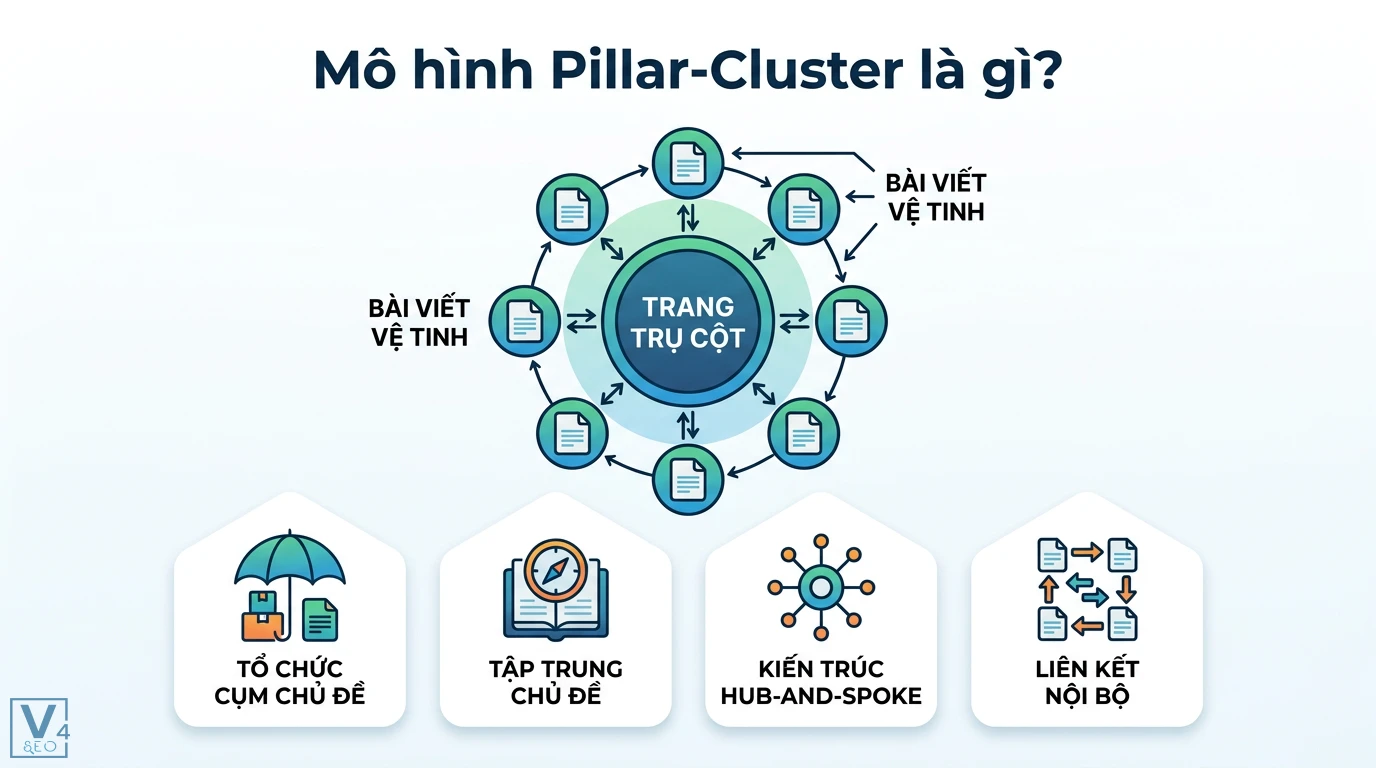Mô hình Pillar-Cluster là gì? 6 bước xây dựng Topic Cluster 1 Mô hình Pillar-Cluster tổ chức cụm chủ đề kết nối trang trụ cột và bài viết vệ tinh qua liên kết nội bộ chuẩn kiến trúc Hub-and-Spoke